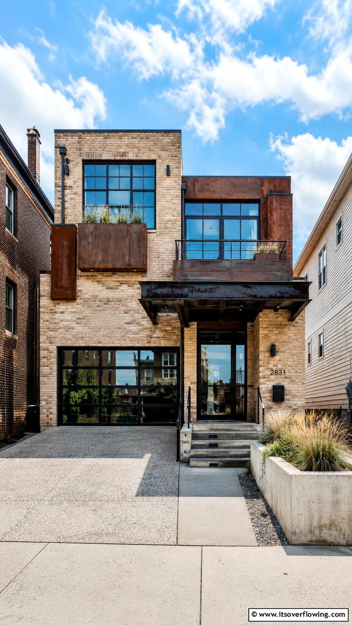 Beige Brick with Industrial Elements - 30 Beige Brick Exterior Home Ideas for Warm Curb Appeal