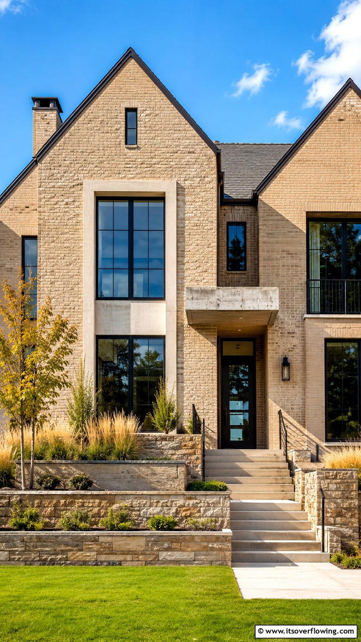 Beige Brick with Mixed Textures - 30 Beige Brick Exterior Home Ideas for Warm Curb Appeal