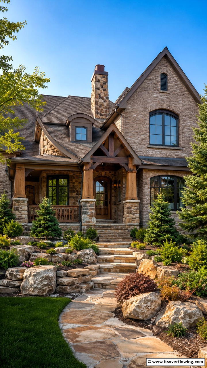 Beige Brick with Natural Stone Details - 30 Beige Brick Exterior Home Ideas for Warm Curb Appeal