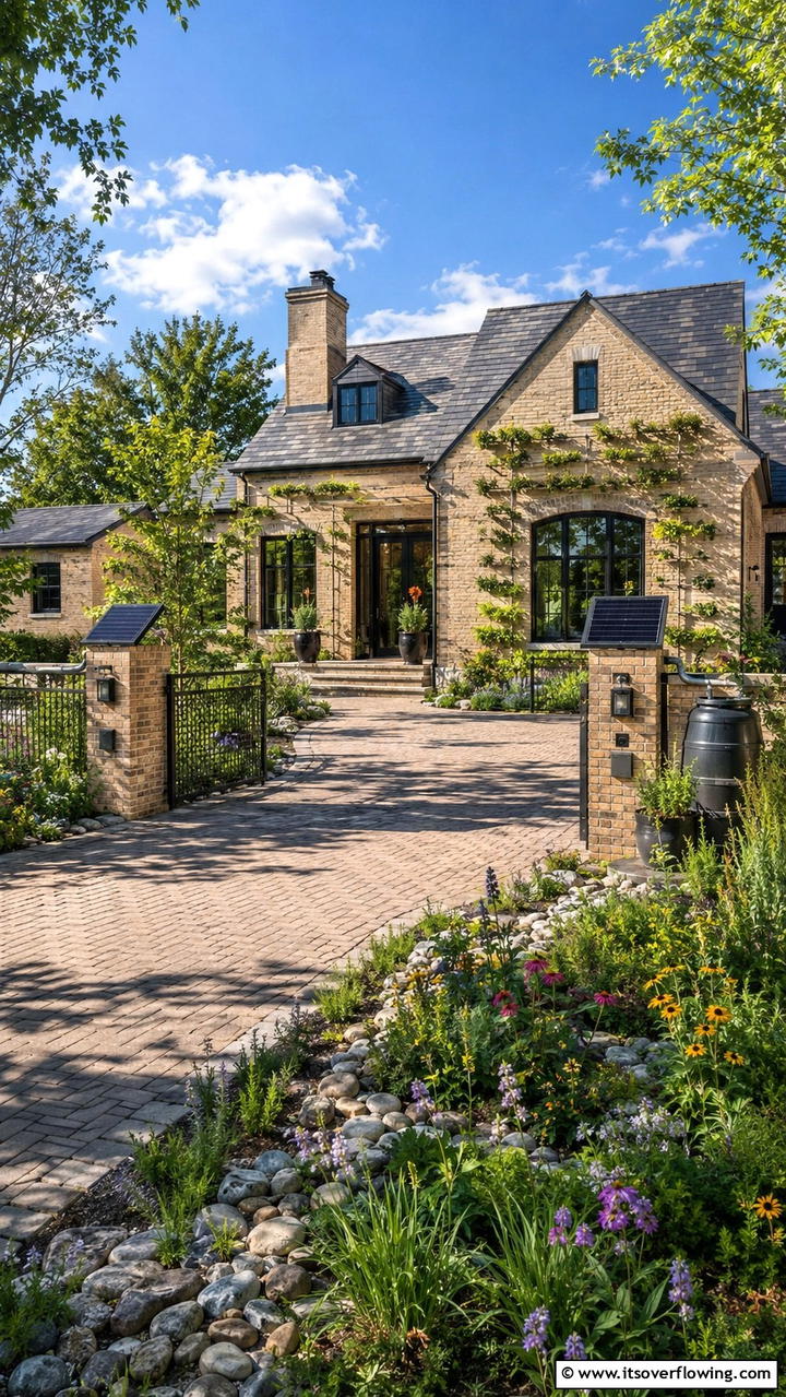 Beige Brick with Sustainable Landscaping - 30 Beige Brick Exterior Home Ideas for Warm Curb Appeal