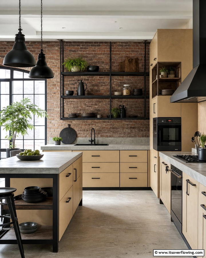 Beige Cabinets with Industrial Elements - 20 Kitchens With Beige Kitchen Cabinets for a Neutral and Elegant Look
