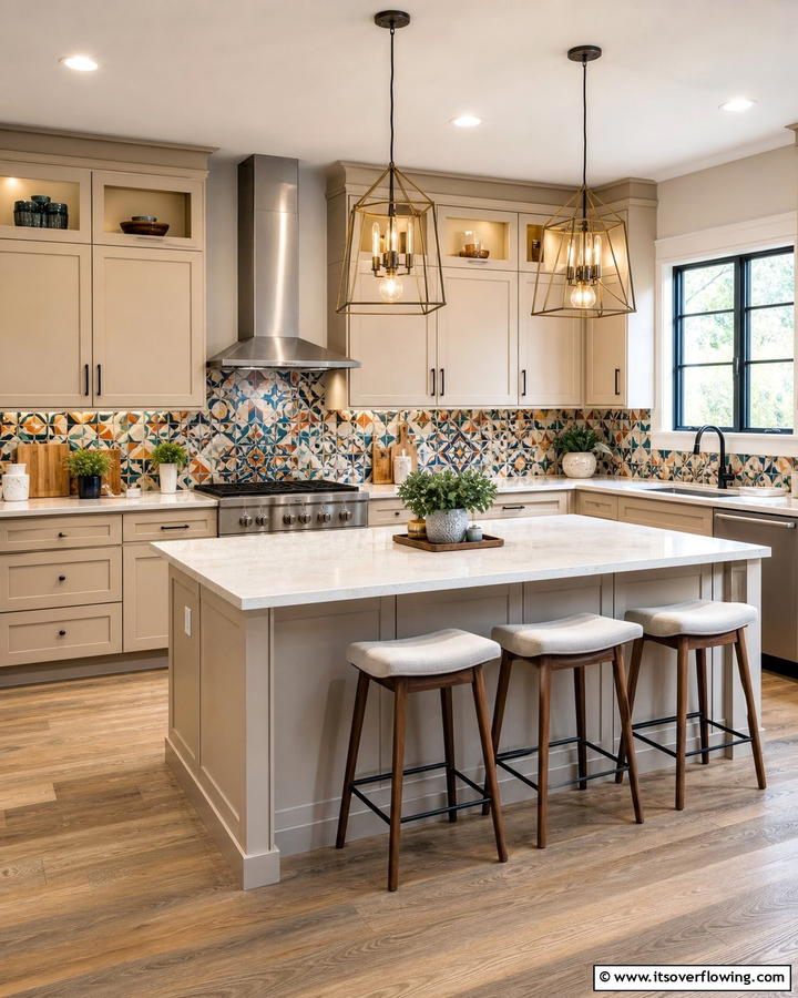 Beige Cabinets with Patterned Backsplashes - 20 Kitchens With Beige Kitchen Cabinets for a Neutral and Elegant Look