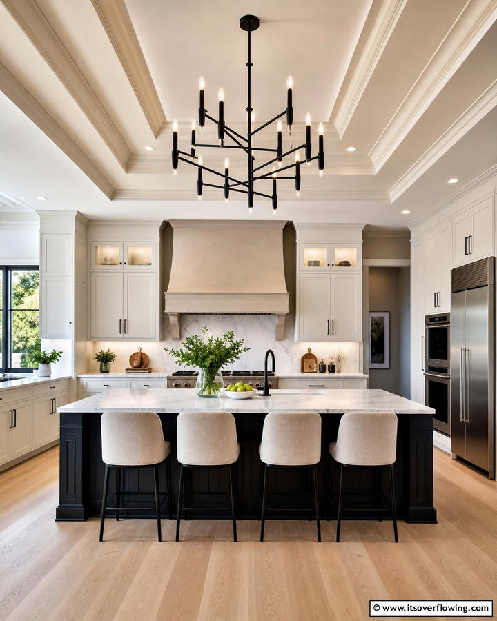 Beige Ceiling with Black Chandeliers - 20 Black and Beige Kitchen Ideas for a Timeless Look