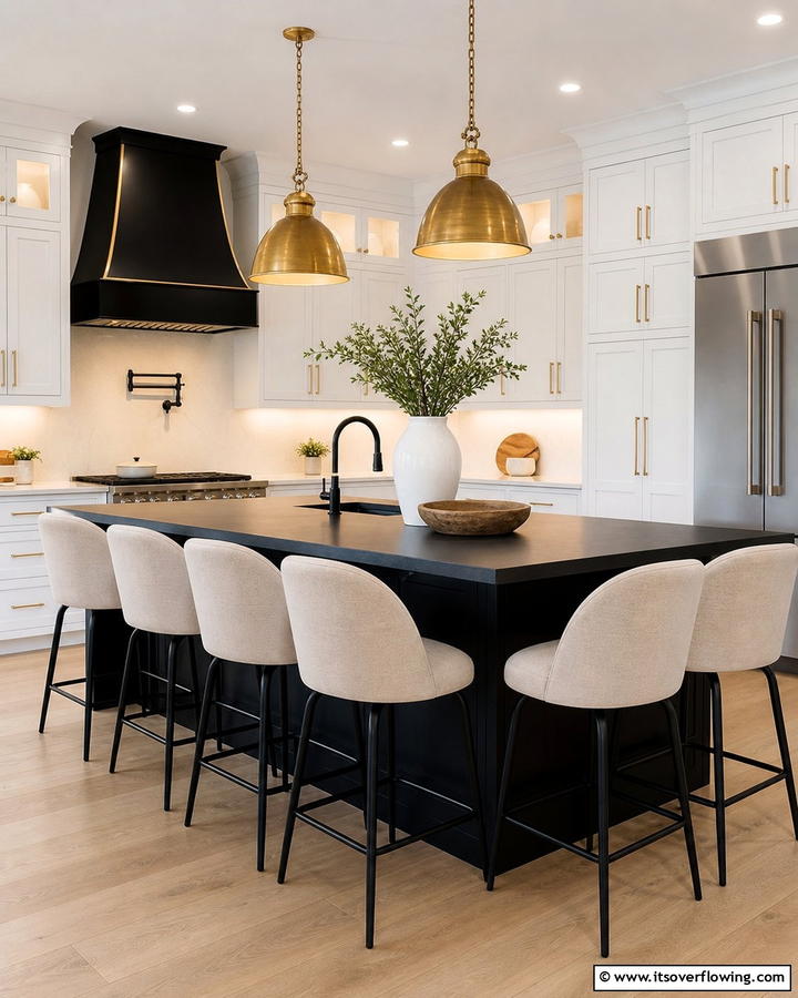Beige Counter Stools with Black Island - 20 Black and Beige Kitchen Ideas for a Timeless Look
