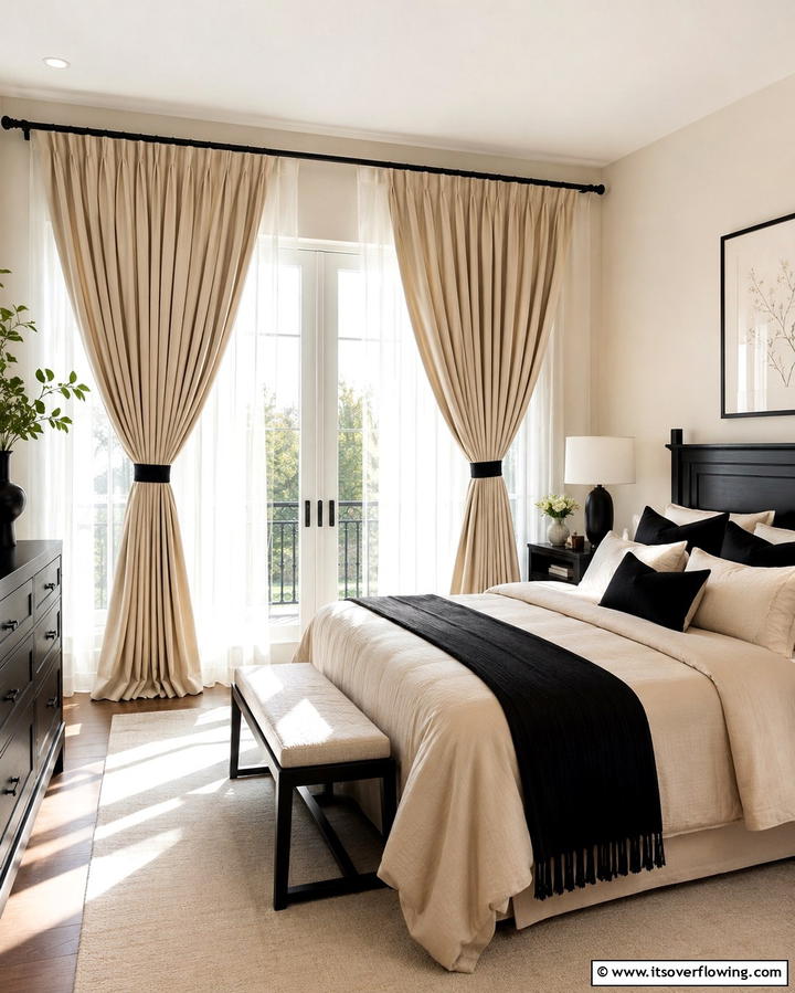 Beige Curtains with Black Tiebacks - 25 Elegant Black and Beige Bedroom Design Ideas