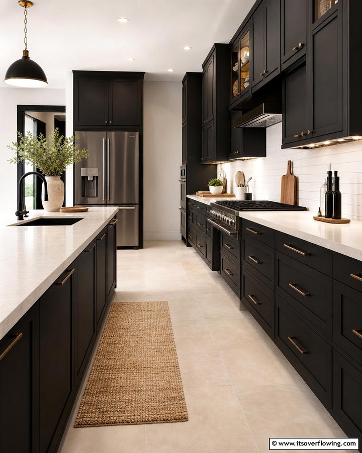 Beige Flooring with Black Cabinetry - 20 Black and Beige Kitchen Ideas for a Timeless Look