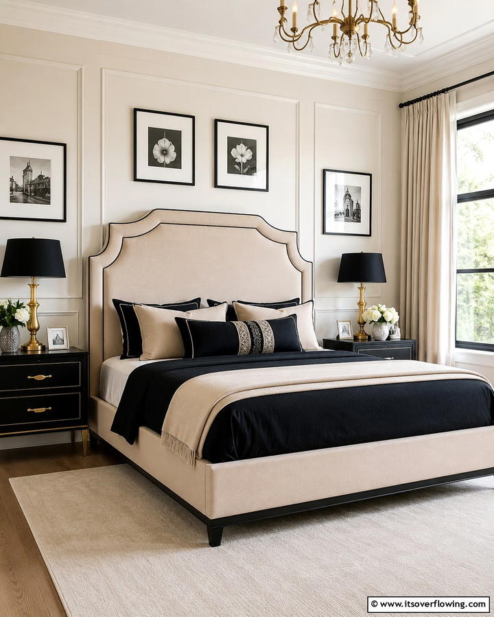 Beige Headboard with Black Piping - 25 Elegant Black and Beige Bedroom Design Ideas