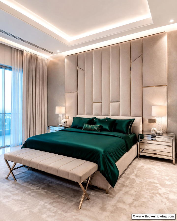 Beige Headboard with Green Accent Pillows - 25 Serene Green and Beige Bedroom Design Ideas