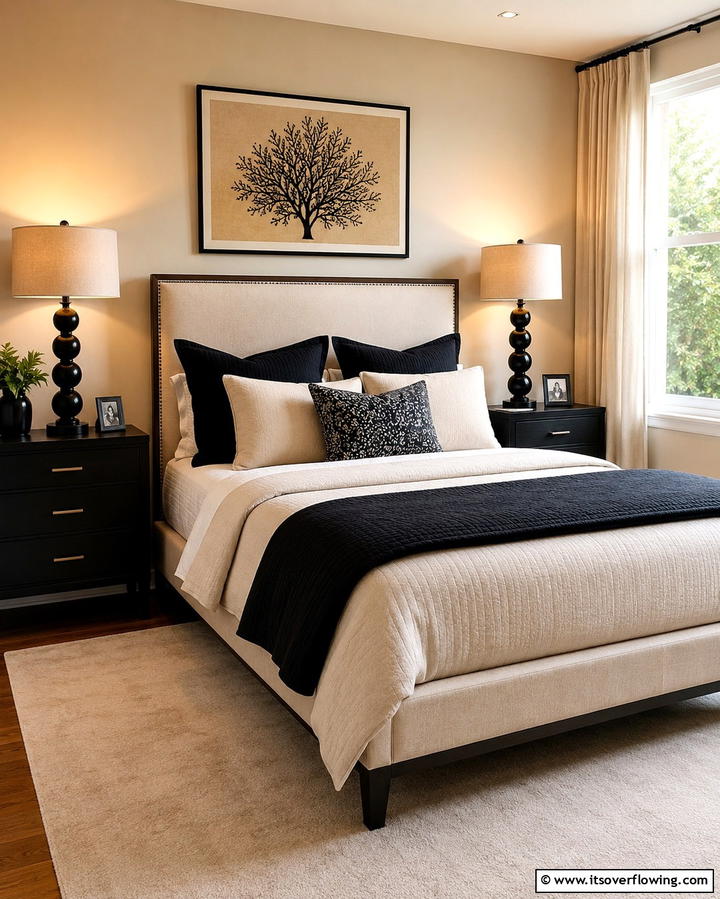 Beige Lampshades on Black Bases - 25 Elegant Black and Beige Bedroom Design Ideas