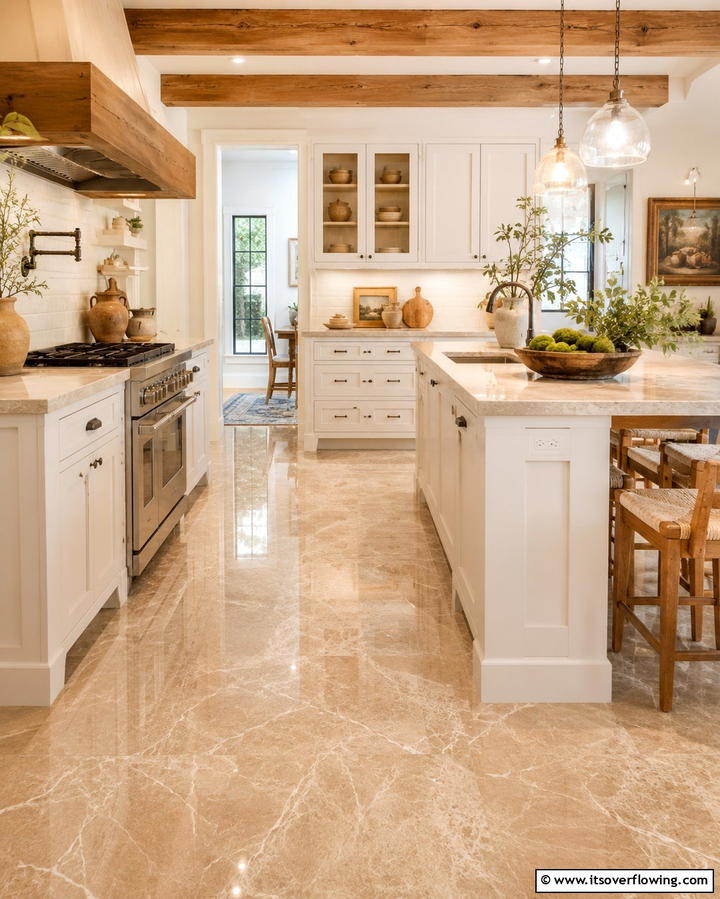 Beige Marble Warmth - 25 Marble Kitchen Floor Ideas for Timeless Elegance