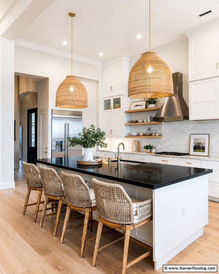 Beige Pendant Lights over Black Countertops - 20 Black and Beige Kitchen Ideas for a Timeless Look