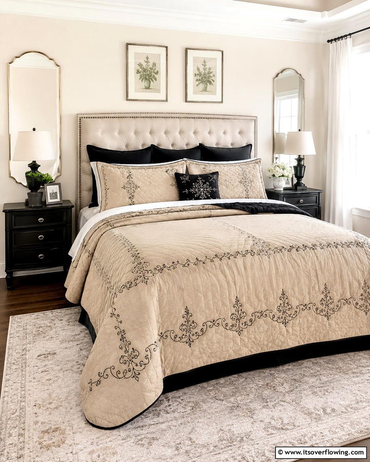 Beige Quilts with Black Stitching - 25 Elegant Black and Beige Bedroom Design Ideas