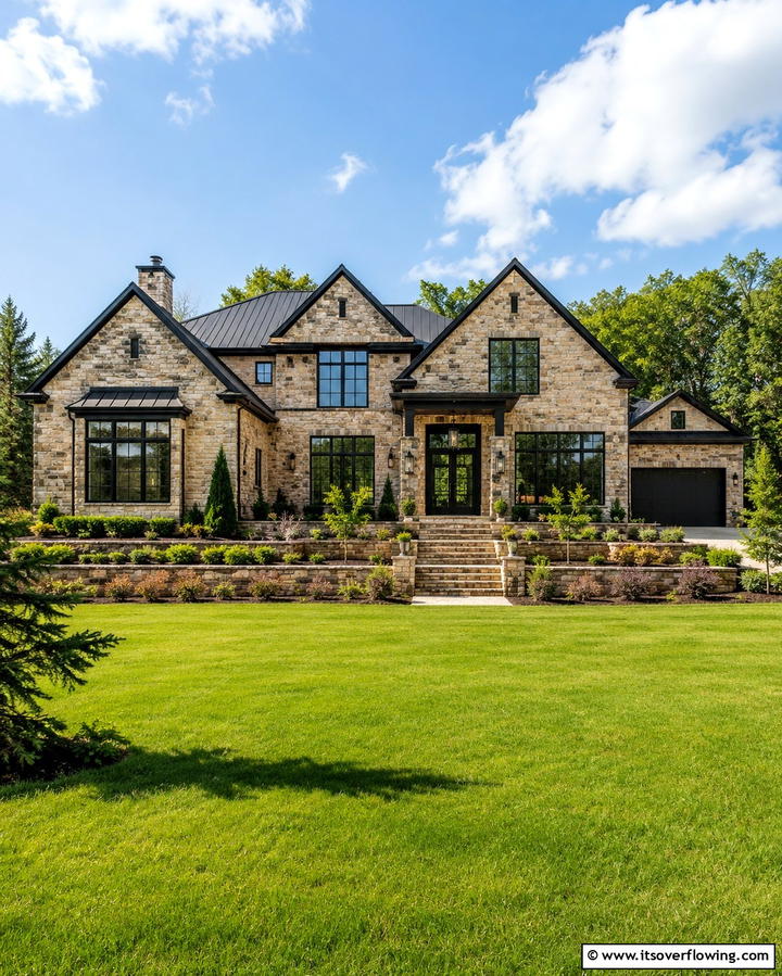 Beige Stone with Black Trim - 30 Beige & Black House Exterior Design Ideas & Inspiration