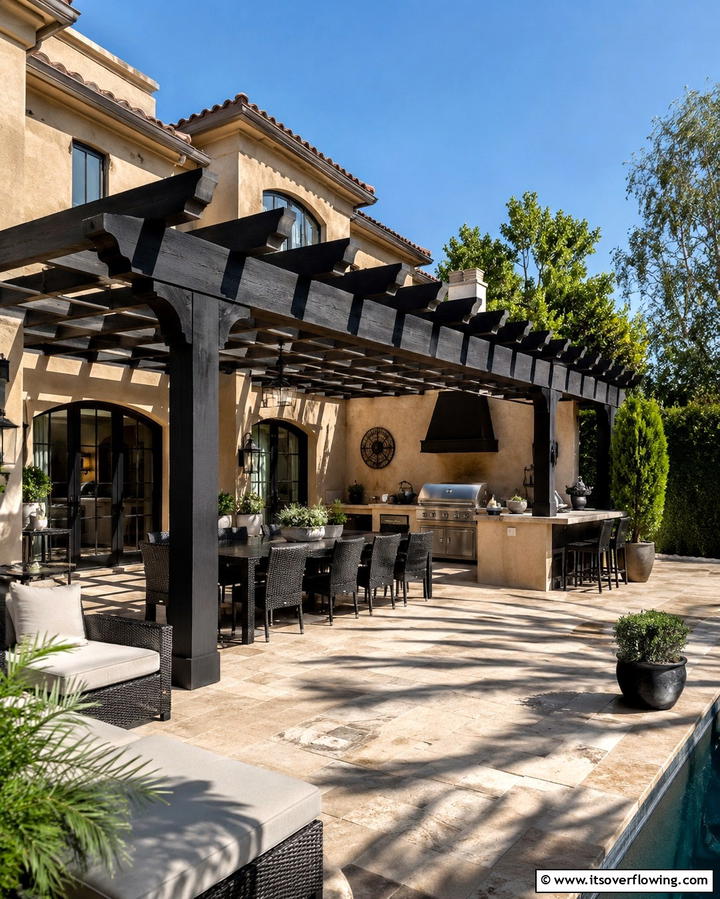 Beige Stucco with Black Pergola - 30 Beige & Black House Exterior Design Ideas & Inspiration