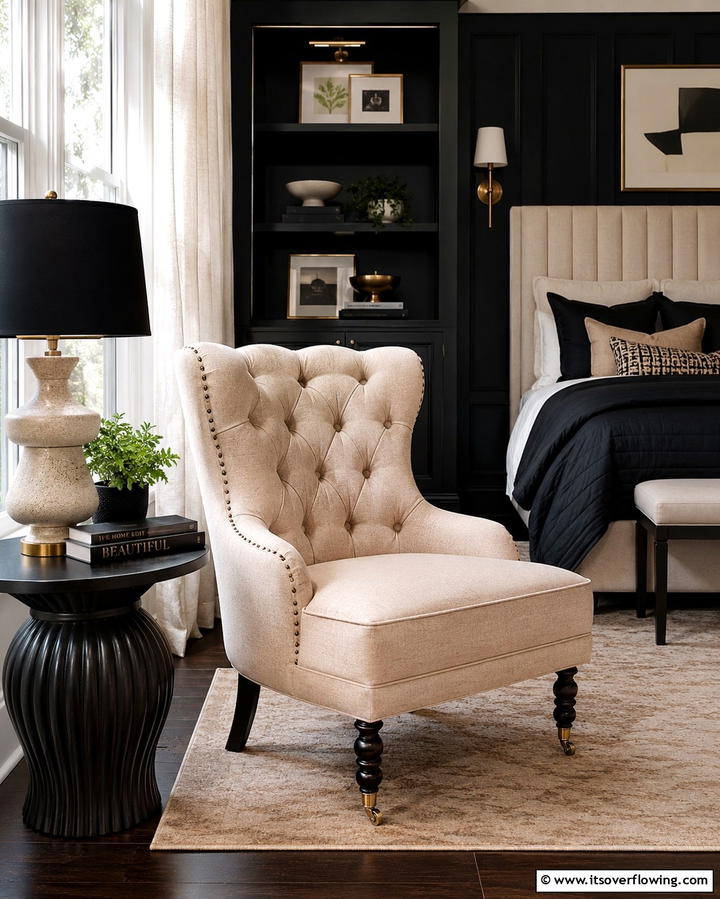 Beige Upholstered Accent Chair - 25 Elegant Black and Beige Bedroom Design Ideas