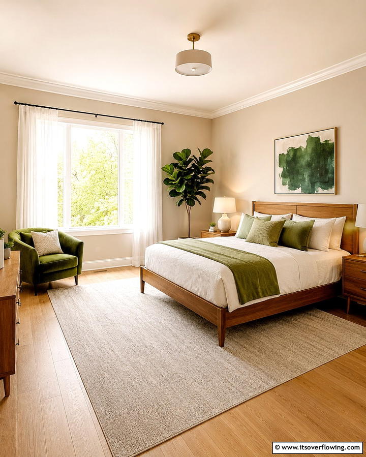 Beige Upholstered Bed with Green Bedding - 25 Serene Green and Beige Bedroom Design Ideas