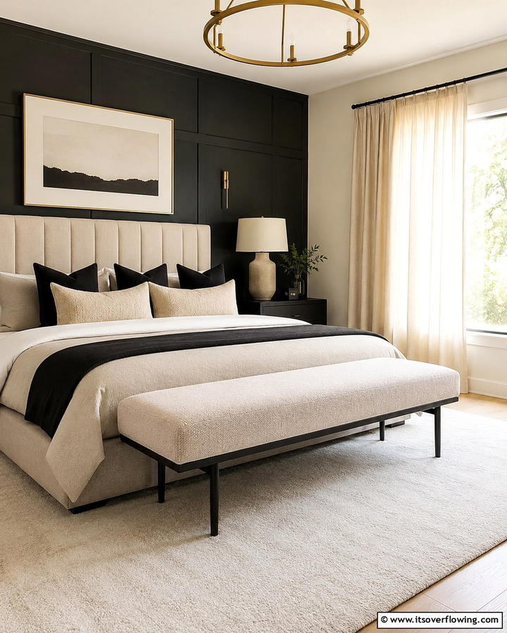 Beige Upholstered Bench with Black Legs - 25 Elegant Black and Beige Bedroom Design Ideas