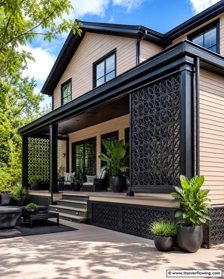 Beige Walls with Black Lattice Accents - 30 Beige & Black House Exterior Design Ideas & Inspiration