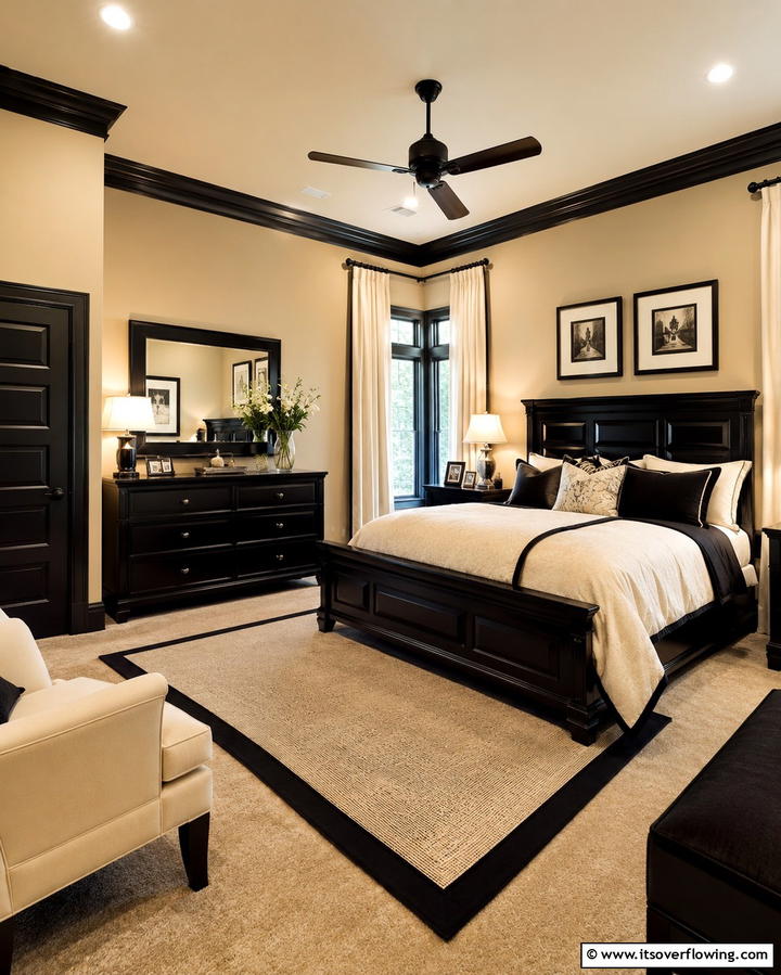 Beige Walls with Black Trim - 25 Elegant Black and Beige Bedroom Design Ideas