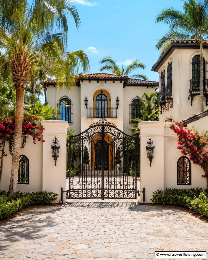Beige Walls with Black Wrought Iron Details - 30 Beige & Black House Exterior Design Ideas & Inspiration