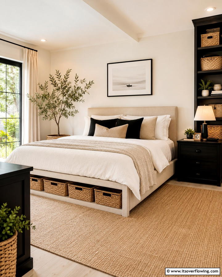 Beige Woven Baskets for Storage - 25 Elegant Black and Beige Bedroom Design Ideas