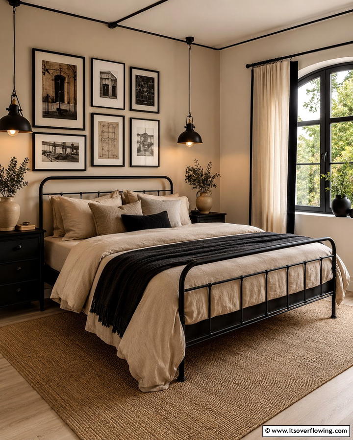 Beige and Black Contrast - 25 Beige Bedroom Ideas for a Calming Retreat