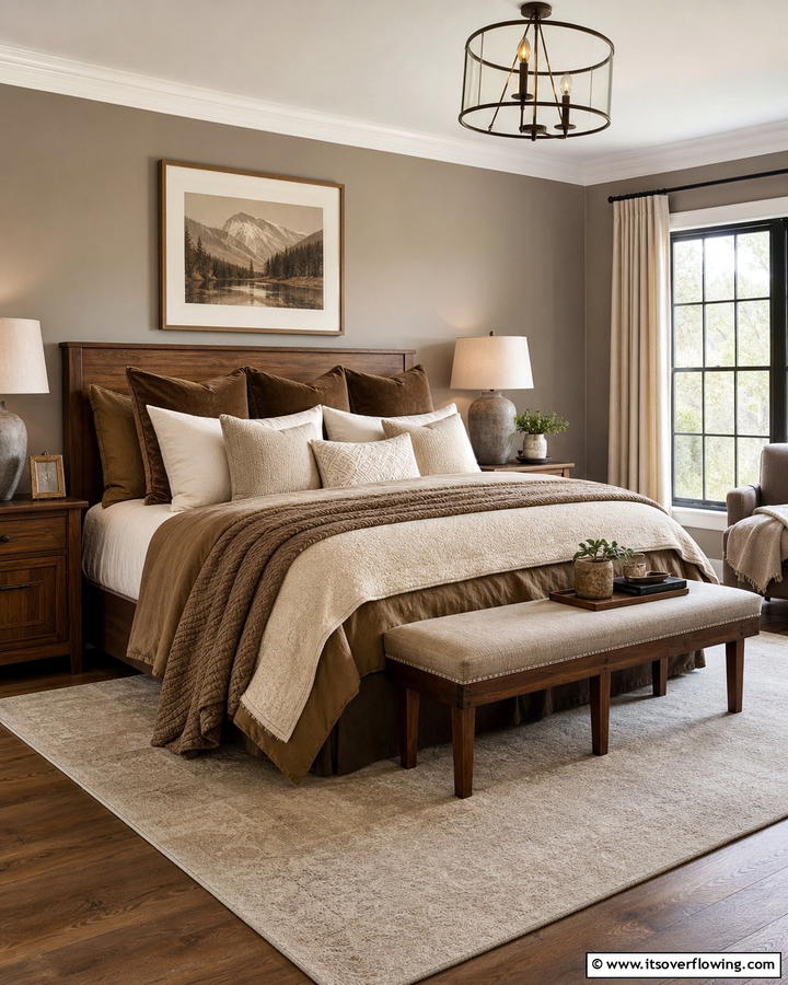 Beige and Brown Layered Bedding - 25 Brown Bedroom Ideas for a Warm and Cozy Atmosphere
