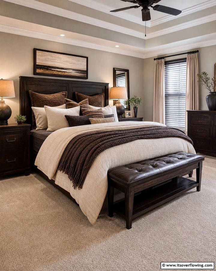 Beige and Chocolate Brown Bedding Layers - 20 Black and Brown Bedroom Ideas for a Cozy Retreat