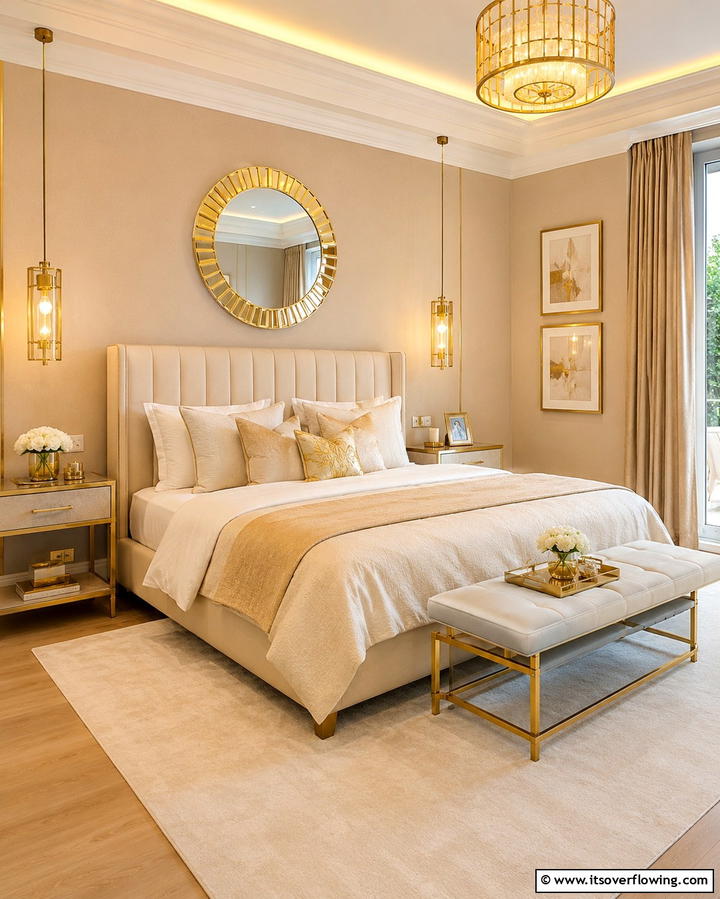 Beige and Gold Accents - 25 Beige Bedroom Ideas for a Calming Retreat