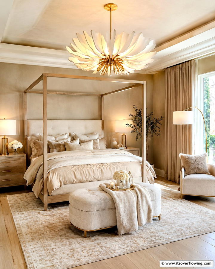 Beige and Statement Lighting for a Bold Touch - 25 Beige Bedroom Ideas for a Calming Retreat