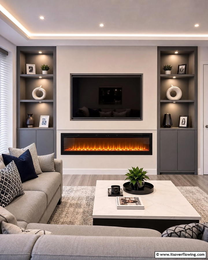Below Modern Electric Fireplace with Integrated TV - 30 Electric Fireplace Ideas With TV Above for Cozy Spaces