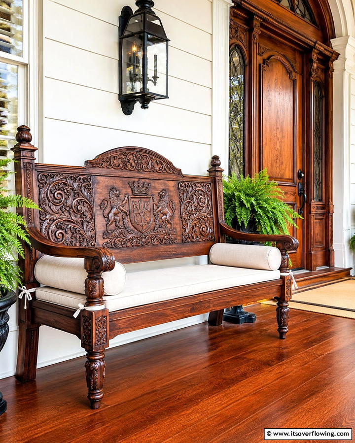 Bench with Custom Carvings - 25 Front Porch Bench Ideas for a Welcoming Entrance