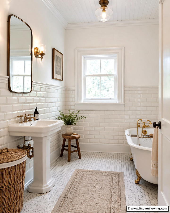 Beveled White Tiles for a Vintage Look - 30 Elegant White Tile Bathroom Design Concepts