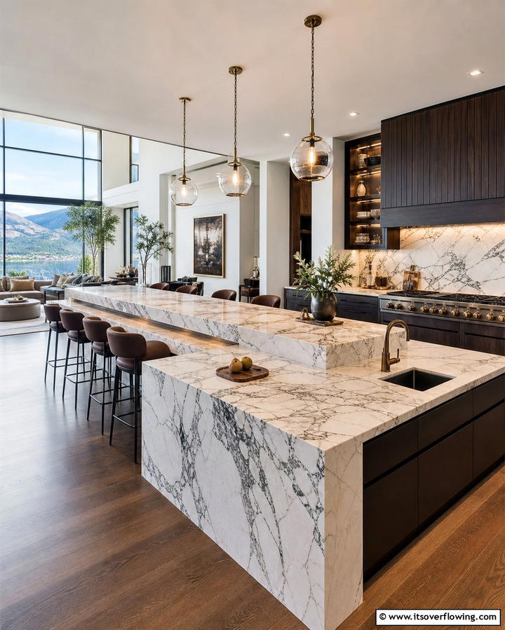 Bi Level Marble Island - 25 Marble Kitchen Island Ideas for a Stunning Centerpiece