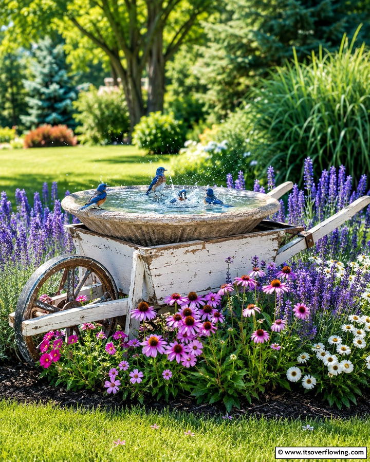 Bird Bath Stand - 25 Old Wheelbarrow Ideas for Unique and Creative Garden Decor