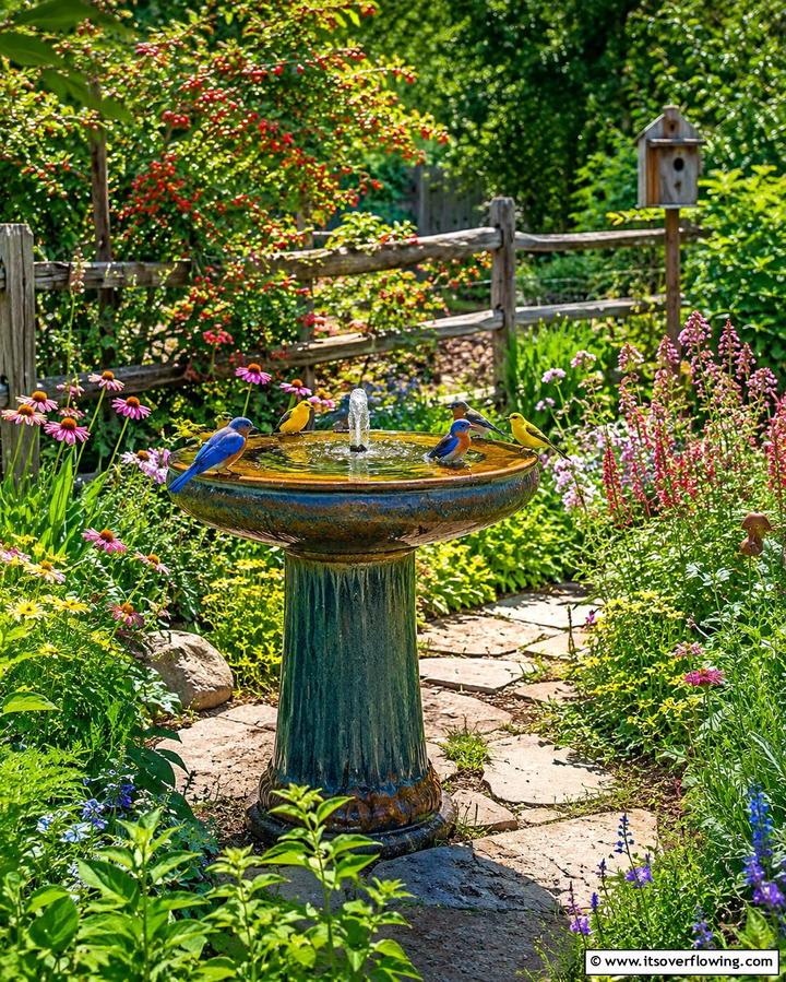 Birdbath Fountain for a Multi Purpose Feature - 25 Backyard Fountain Ideas for a Serene Outdoor Space