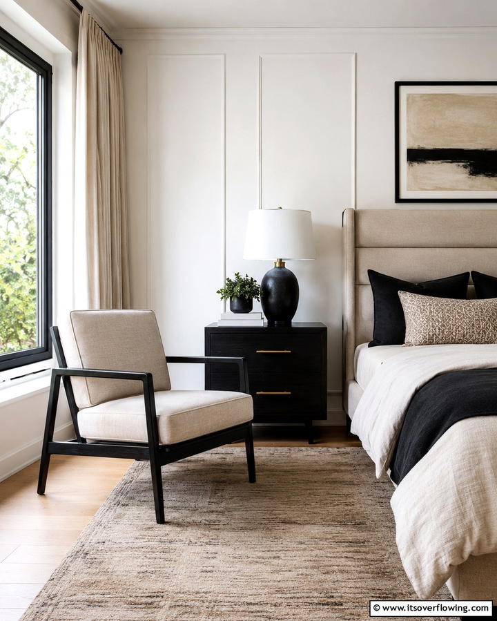 Black Accent Chair with Beige Cushion - 25 Elegant Black and Beige Bedroom Design Ideas