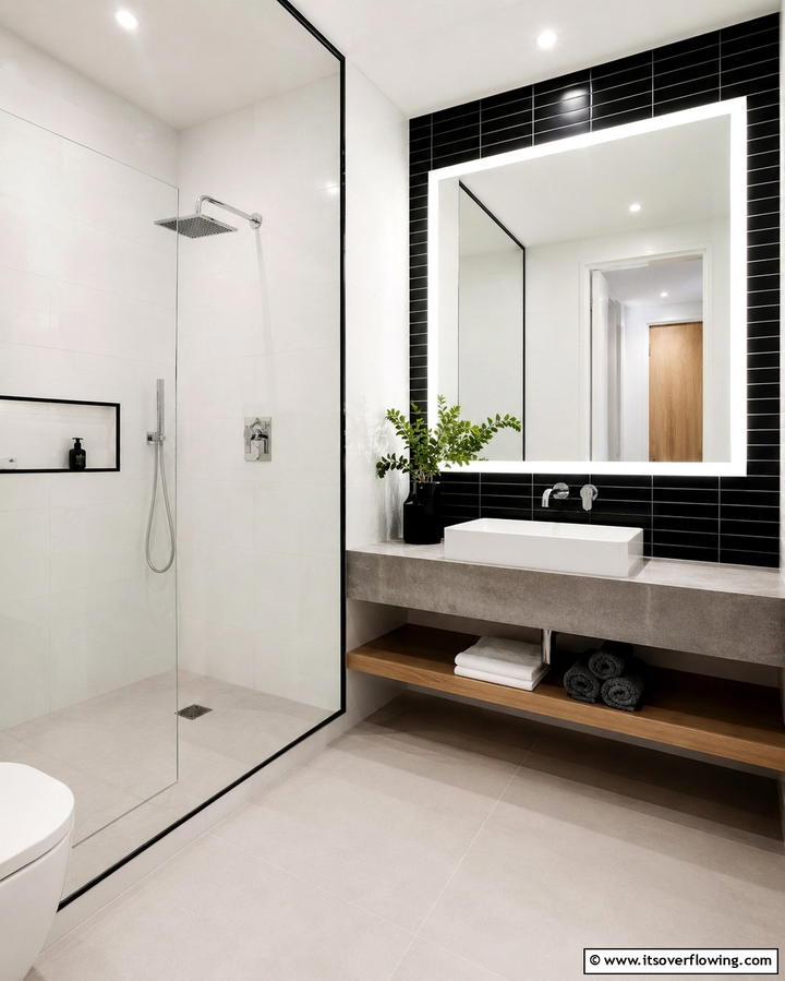 Black Accent Tiles on White Walls - 30 Striking Black & White Bathroom Tile Designs for Timeless Style