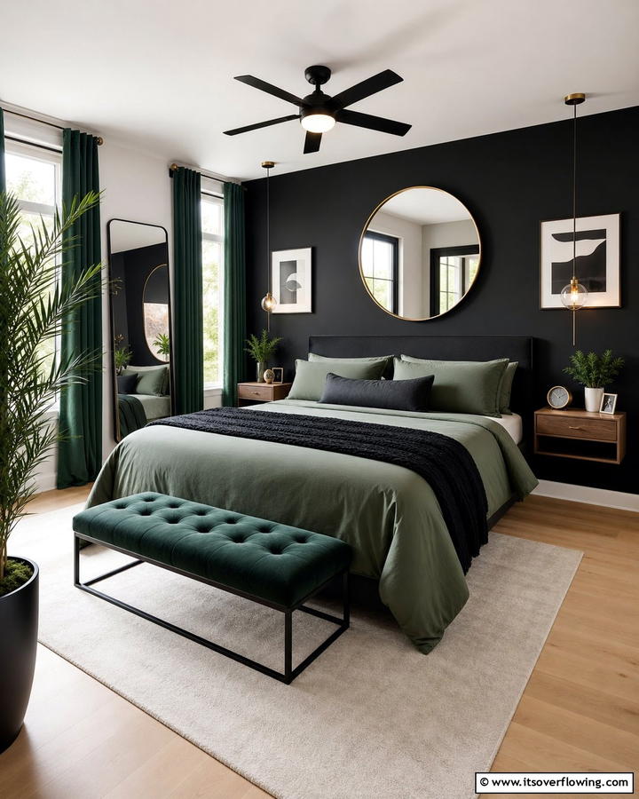 Black Accent Wall for Depth - 20 Black and Green Bedroom Design Ideas for a Bold Look