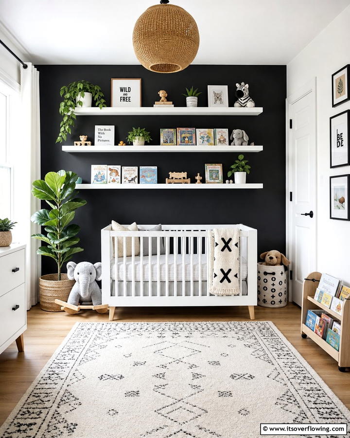 Black Accent Wall with Floating Shelves - 25 Black Nursery Ideas for Modern Baby Rooms