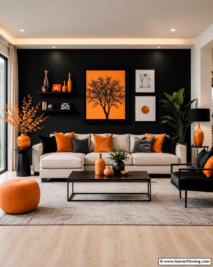 Black Accent Wall with Orange Decor - 25 Black and Orange Living Room Ideas for a Bold Statement