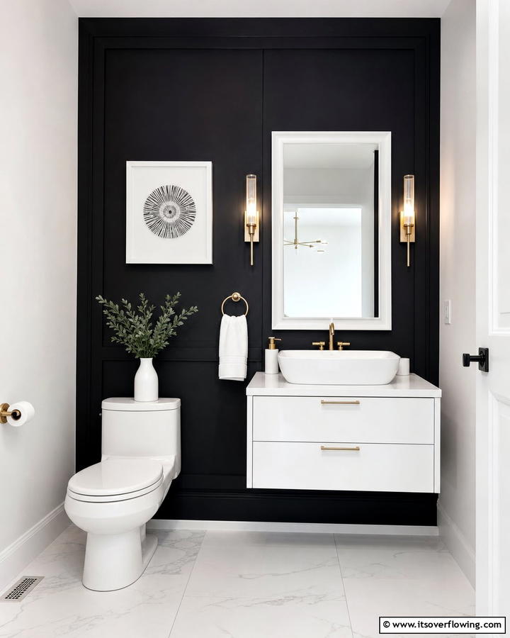 Black Accent Wall with White Decor - 20 Black and White Powder Room Ideas for a Classic Style