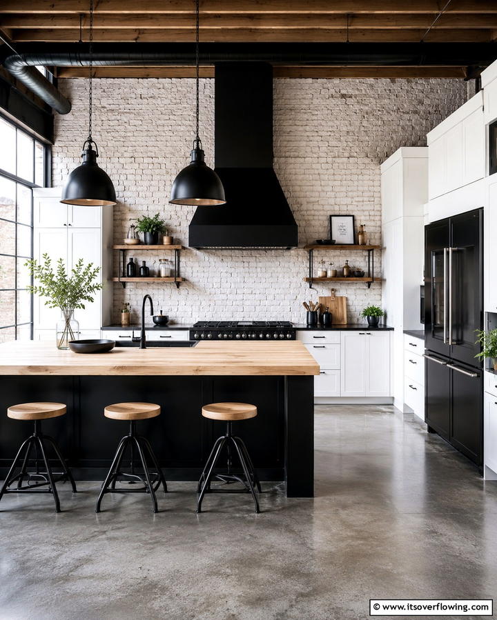 Black Appliances Against White Brick Walls - 30 White Kitchen Designs with Bold Black Appliances