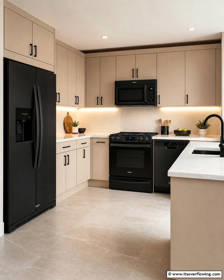 Black Appliances with Beige Cabinets - 20 Black and Beige Kitchen Ideas for a Timeless Look