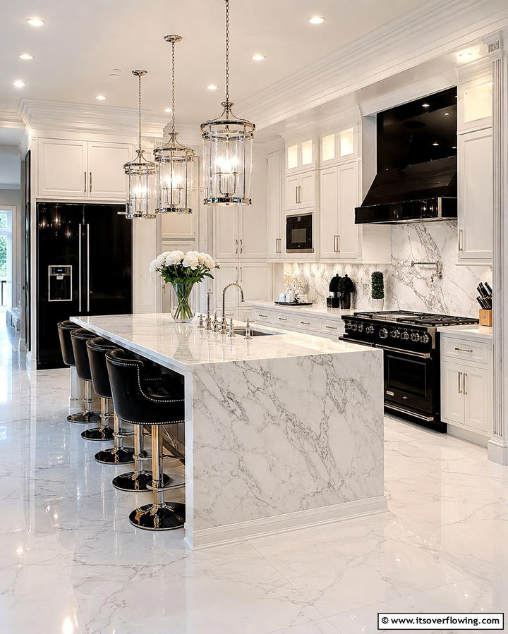 Black Appliances with Marble Countertops - 30 White Kitchen Designs with Bold Black Appliances