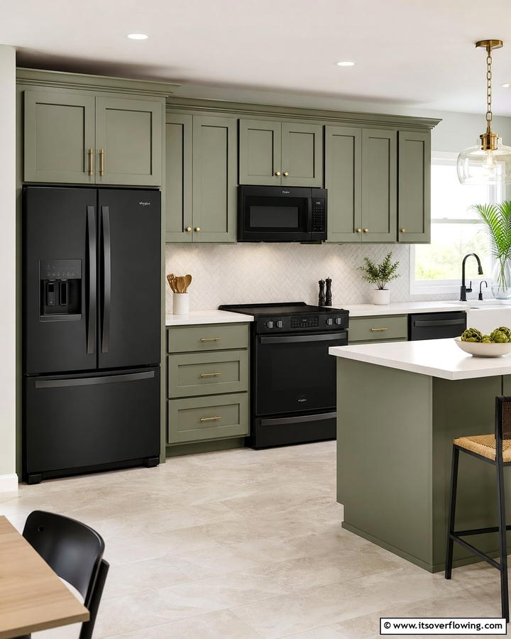 Black Appliances with Sage Green Cabinets - 20 Sage Green and Black Kitchen Ideas for a Modern Feel