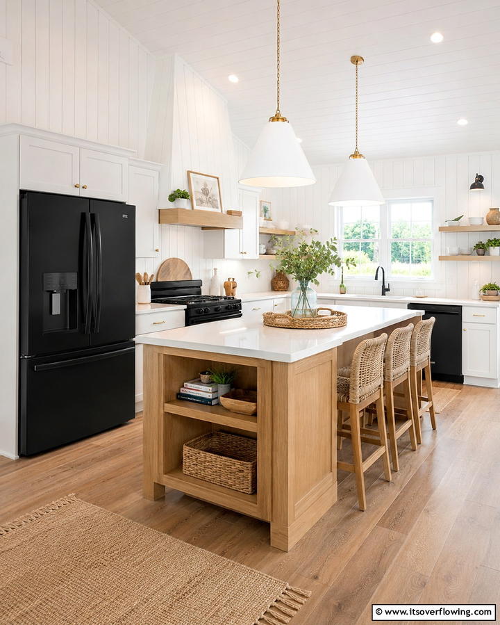 Black Appliances with White Paneled Walls - 30 White Kitchen Designs with Bold Black Appliances