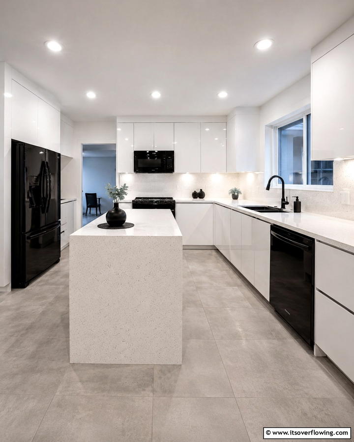 Black Appliances with White Quartz Countertops - 30 White Kitchen Designs with Bold Black Appliances
