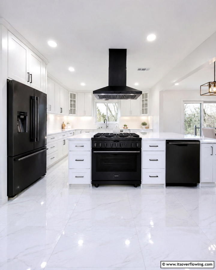 Black Appliances with White Tile Flooring - 30 White Kitchen Designs with Bold Black Appliances