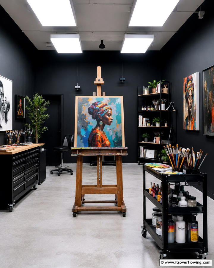Black Art Studio - 30 Black Basement Design Ideas for a Modern & Cozy Space